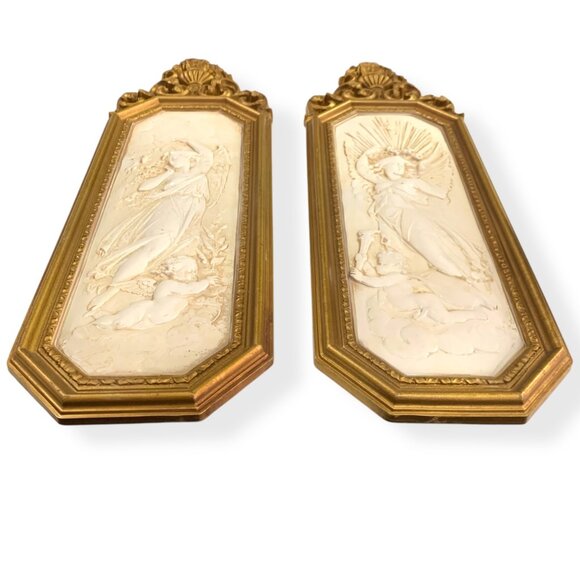 VTG 1967 Dart Homco 2 Wall Plaques Gold Angels Relief MCM Hollywood Regency - Picture 3 of 13